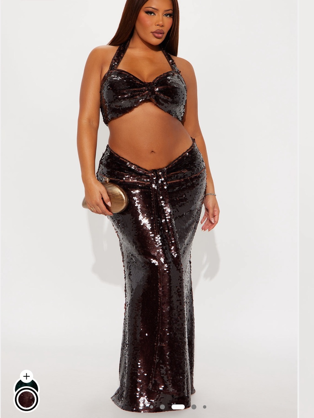 Fashion Nova Wondering About You Sequin Halter Skirt Set - Chocolate